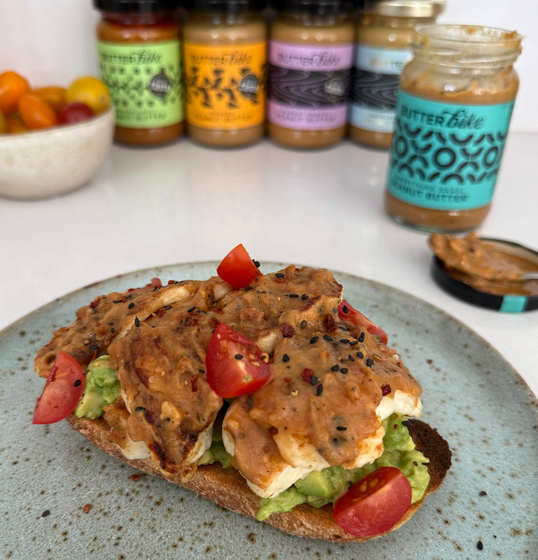 Loaded Sourdough topped with Everything Bagel Peanut Butter Halloumi & Smashed Avocado
